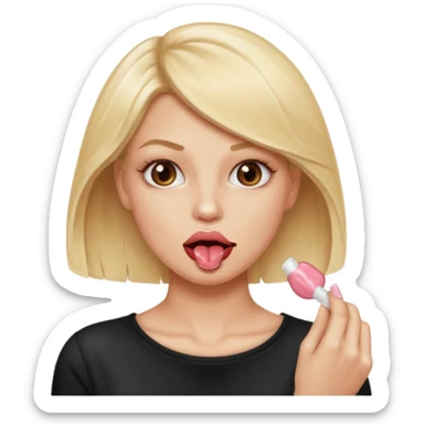 Elle fais une peu petasse, elle se mord le coin la lèvres. Elle est blonde. Ongles vernis marrons. Elle mâche un chewing-gum  sticker