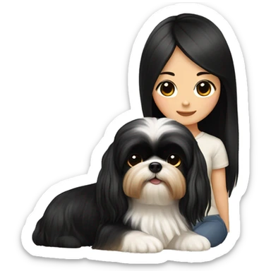 long black hair korean girl with her beige and black shih tzu yorkie. The dog has short floppy ears and has light distinct eyebrows  sticker