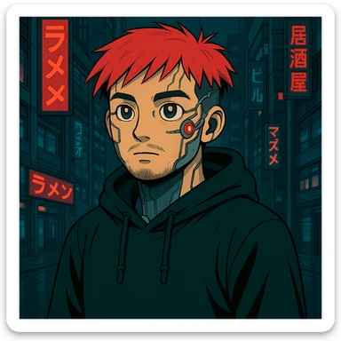 Add cybernetic implants to the Asian man, make the eyes a bit bigger, keep round face, less mustache, a bit of beard, red hair, black hoodie, Japanese cyberpunk anime style, futuristic city background sticker