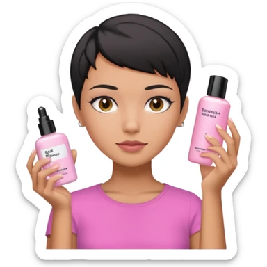 tan girl pink shirt with black hair & a pixie, doing her skin care sticker