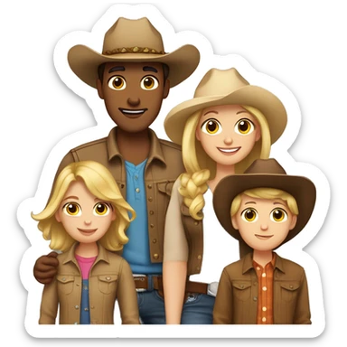Family of five, all with cowgirl hats on, 2 blonde teenagers, 1 light brown haired mom, 1 little boy with brown hair and a brown hair dad sticker