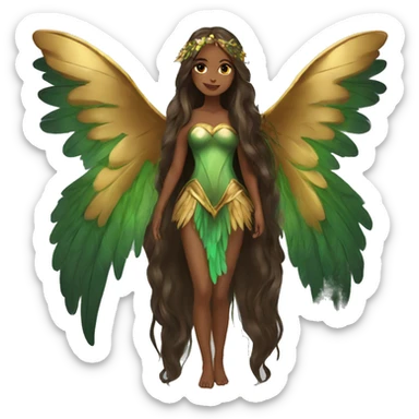 big wings, Beautiful, fairy, gold, brown, dark green, green, long hair sticker
