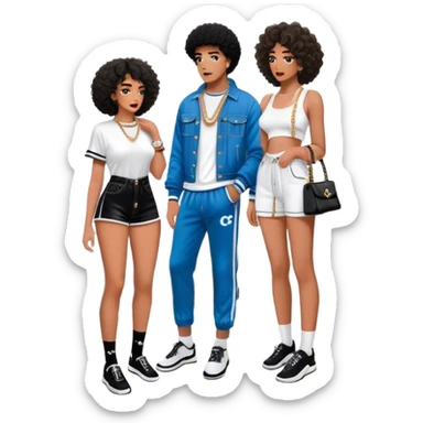 Man with loose curly tapered fro living his dream standing in the master bedroom of a mansion. He’s boo’d up with a pretty Brownskin big booty woman wearing a Chanel outfit with her holding a Chanel bag. The man has on a Fear of God Essentials outfit wearing designer socks. The man isn’t holding a bag sticker