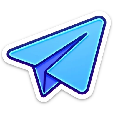 Telegram paper airplane logo in classic blue color, with neon glow lines, blue neon glow on top left, purple neon glow on bottom right sticker