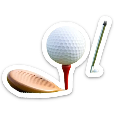 A golf ball on a tee with a golf club placed beside it, set against the backdrop of a well-manicured green golf course. The scene emphasizes the equipment and serene atmosphere of the sport, with soft lighting and a peaceful, open landscape sticker