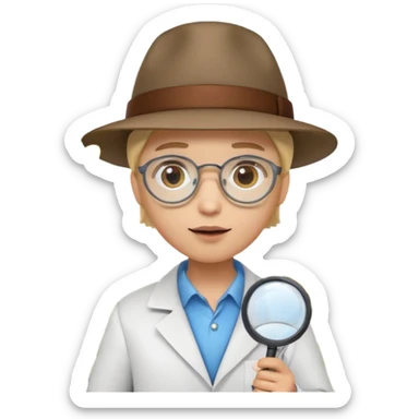 A 3D cartoon scientist wearing a hat and holding a magnifying glass close to bright flowers, curious expression, detailed Memoji-style realism.A 3D cartoon scientist wearing a hat and holding a magnifying glass close to bright flowers, curious expression, warm daylight. sticker