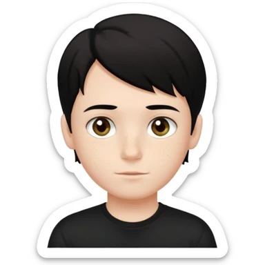 A beautiful boy with black hair and hazel green and brown eyes and white skin , with dark freckles and black t shirt with middle part hair hair with a center part haircut  sticker