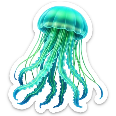 3D render of Jellyfish, bioluminescent deep sea style, glowing neon blue and green lights, dark background to contrast the glow, translucent organic textures. sticker