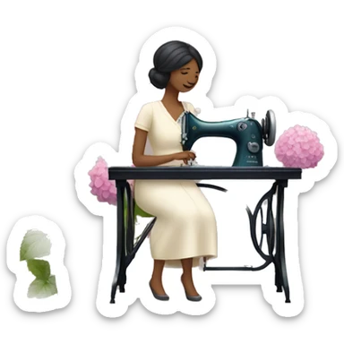 a lady  sitting at a sewing machine surrounded by hydrangea flowers sticker