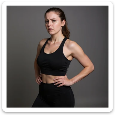 Realistic style woman in sportswear inspired by the reference photo, standing with one hand on her belly and the other on her back, showing an expression of annoyance, neutral background. sticker