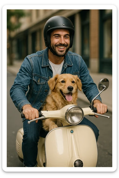 man and his pet dog riding a vespa sticker