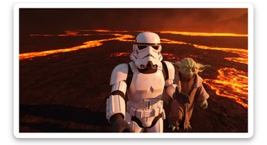 Cinematic still, selfie camera, Starwars stormtroopers vlogging , he is walking on lava planet with yoda sticker