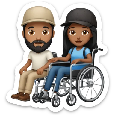 Beige skin man with a beard and cap in a wheelchair and a dark brown skin woman with long black hair in a wheelchair  sticker