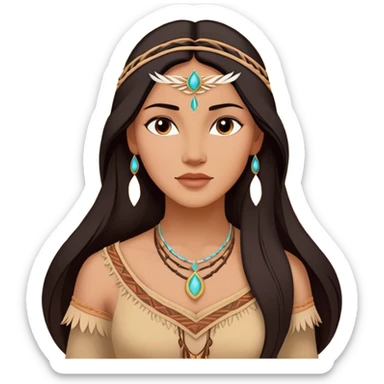 Cinematic Radiant Pocahontas Portrait Emoji, rendered in a vector-style with clean lines. Show Pocahontas with luminous, sun-kissed skin and flowing dark hair adorned with subtle natural ornaments, her expression calm and kind, dressed in simple traditional attire with earthy tones. The image glows softly with a warm, inviting radiance, enhanced by a soft glowing outline. sticker