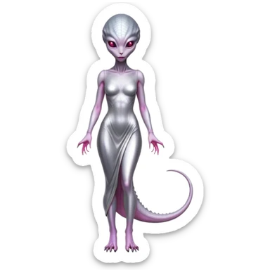 alien reptilian woman in silver dress, full body pink eyes sticker