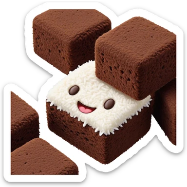 Cinematic Realistic Lamingtons Dessert Emoji, depicted as soft sponge squares coated in chocolate and coconut rendered with mouth‚Äêwatering detail and vibrant lighting. sticker