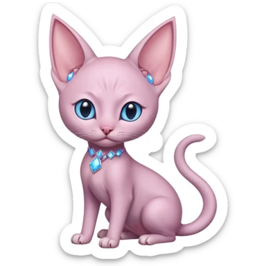Full body of Light purple hairless cat like  body, pink gem middle of forehead, big pointy ears, blue inside ears, ear like flaps coming out of both cheeks, end of tail split in two (full body) sticker