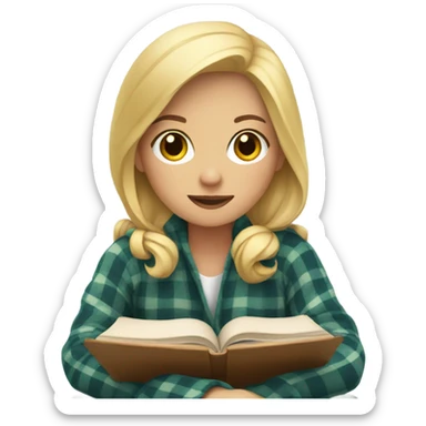 Blonde girl with plaid blanket holding a book sticker