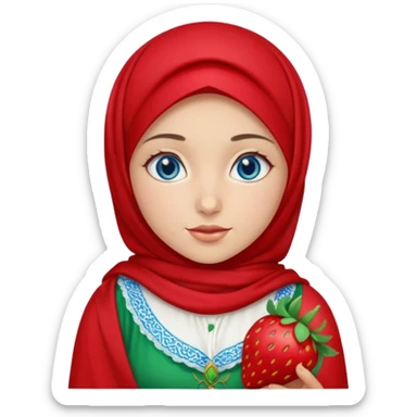 Turkish beautiful finish Konya girl blue eyes with red light green hijab islamic dress and had on her hand strawberry  sticker