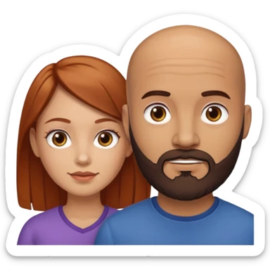 Couple. A bald man with dark brown beard and a girl with light skin. She is a redhead and has dark yellow brown auburn hair. Different skincolor. She has very light skin. sticker