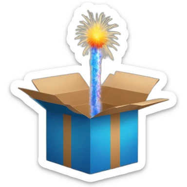 an open box with a firework coming out and a question mark in the middle sticker