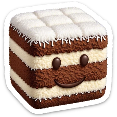 Cinematic Realistic Lamingtons Dessert Emoji, depicted as soft sponge squares coated in chocolate and coconut rendered with mouth‚Äêwatering detail and vibrant lighting. sticker