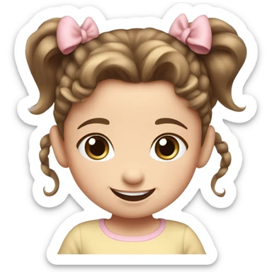 A toddler girl with 2 tiny pig tails on top of her hair with tiny bows, fair skin, blue eyes, brown hair, smiling, wearing a pastel shirt sticker
