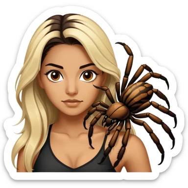Ridiculously Attractive and athletic Mexican woman in her 20s with long dark brown hair with blonde highlights, with a tarantula sticker