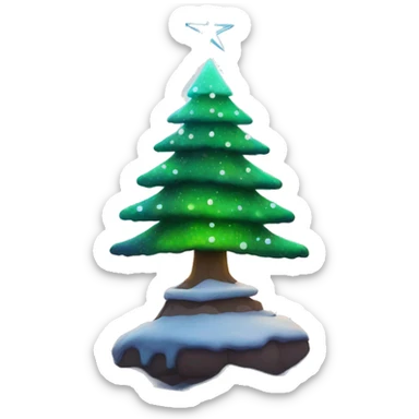 Christmas tree with snow covering, sits under northern lights sticker