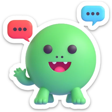 Retro game mascot — like a Tamagotchi-style AI creature, round and colorful with a speech bubble. sticker
