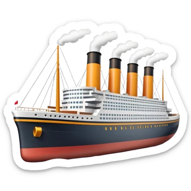 A miniature 3D Titanic ship emoji in Apple style, small and compact with smooth glossy surface, bright clean colors, simplified but recognizable details like smokestacks and windows, no facial features, floating on calm ocean, soft shadows, high-quality render, isolated on white background.



 sticker