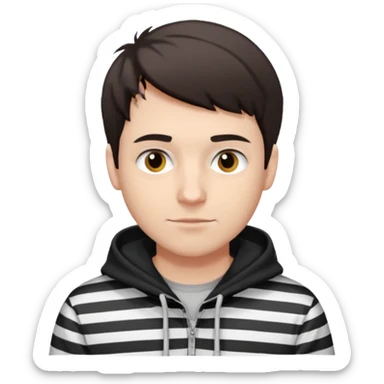 White Man with short dark brown hair and 5 o'clock shadow, black and white stripped hoodie sticker