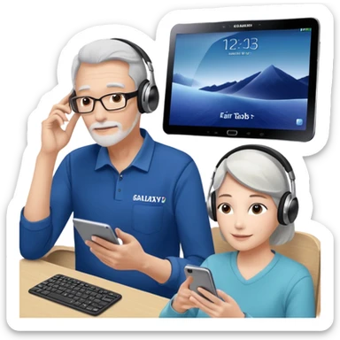 Please make it again in the style you just sent me. All devices should be Galaxy.
1. MZ users using headsets and watching youtube
2. A person holding a tablet in one hand and a smartphone in the other
3. Senior who enjoys looking at his cell phone
4. Creators working hard with Galaxy Tab + keyboard  sticker