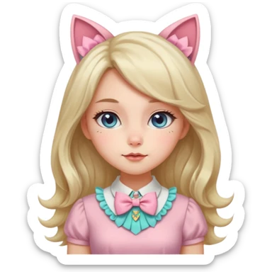 Gorgeous pastel anime style lady with blushing cheeks, cat ears, long beautiful luscious stylish hair, big pretty eyes, cute colorful pastel dress and skirt and bow ties, and necklace sticker