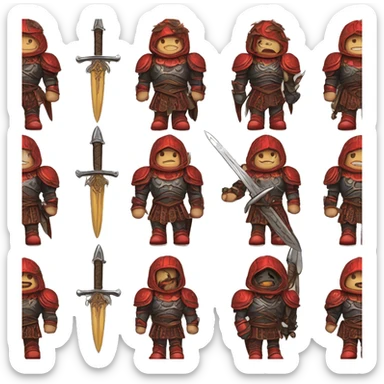 Vintage Tanned man with black hair pointed chin and stern face wearing red and black armour holding sword vintage intricate patterns sticker