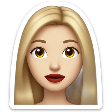 straight long brown hair,red lipstick,black eyes, white skin and a small nose sticker