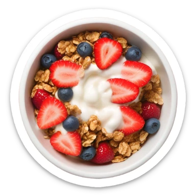 Top view of a yogurt bowl with strawberries and granola sticker