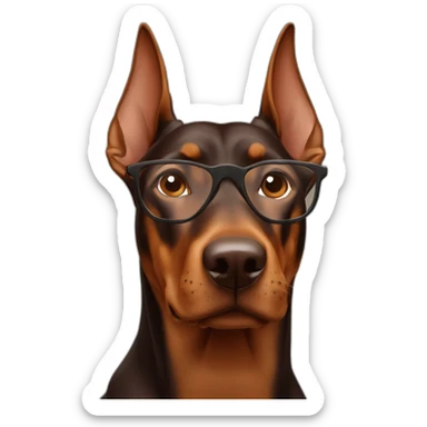 brown doberman with straight ears with a boy who has specs sticker
