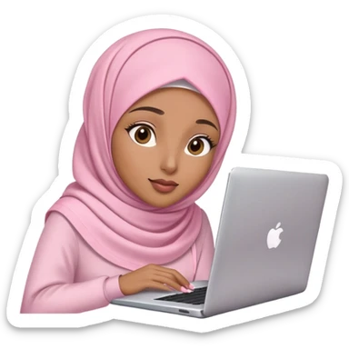 Light brown skin woman wearing light pink hijab with natural makeup, long eyelashes and lip gloss working behind laptop sticker