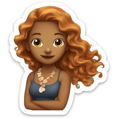 beach lady, long wavy ginger hair, brown skinned, sea shell necklace, brown eyes,  sticker