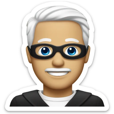 A man with White Hair, white skin, a black Blindfold, black tuxedo, and a smile sticker