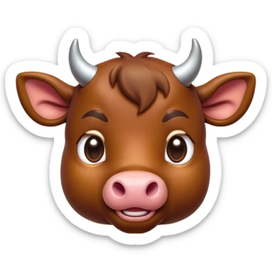 Cinematic Cute Brown Bull Portrait Emoji, Head tilted playfully and inquisitively, featuring a glossy, robust brown hide with a natural sheen, round, sparkling dark eyes filled with gentle curiosity, Simplified yet irresistibly adorable features, highly detailed, glowing with a warm, friendly glow, high shine, affectionate and imposing, stylized with a touch of rugged charm, bright and endearing, soft glowing outline, capturing the essence of a mischievous yet loving bull, so playful it feels like it could stomp out of the screen and into your arms! sticker