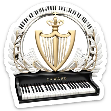 Create an elegant and festive emoji collage representing keyboard instruments, styled like a heraldic emblem. The design should feature a central focal point of black and white piano keys, arranged in a semi-circular or shield-like shape. Around the piano keys, add intertwining musical notes that form flowing ribbons, creating a dynamic and celebratory atmosphere. The design should be professional, with polished silver and gold accents on the keys and notes, highlighting the luxury and sophistication of the instruments. Add subtle shading and lighting effects to give the design a refined, 3D appearance. The background should remain transparent, and the overall feel should evoke grandeur, artistry, and a sense of celebration. sticker
