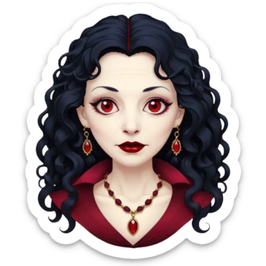old Vampire lady Pale queen with ruby necklace, curly black long hair sticker