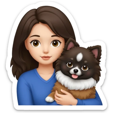 A brunette girl holding a Pomeranian dog who has black face but in the middle it’s white line sticker