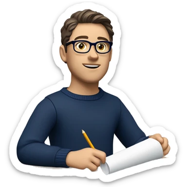caucasian white boy with dark wavy  hair, blue glasses, and carrying design paper plan because he is an architect carrying a pencil and a set model maquette. wearing a navy blue long sleeve sweater shirt. smart.  sticker
