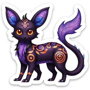 Shiny Fiery Dark Ugly Evil Realistic Glowing Eldritch Horror Cool Edgy Badass Emo Glorious Demonic Batty Dusky Ethereal Sparkly Shimmering Magical Punky Aural Iridescent Fluorescent Bioluminescent Umbreon-Amaura-Salandit-Litten-Flareon-Fakémon-fusion (full body) with intricate pattern markings sticker