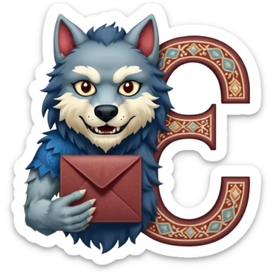 a werewolf hand holding the letter c make the c made out of persian carpet texture sticker