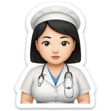 chubby asian woman Nurse round eyebrow medium black hair wear a low cut shirt and show cleavage  sticker