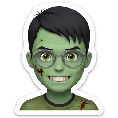 zombie boy, modern hair, green skin, black hair, glasses, risk on the eyebrow, scars, creepy expression, smile, silver teeth sticker